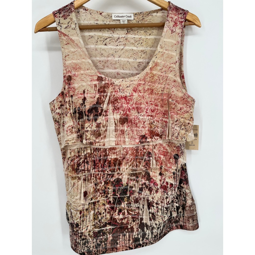 COLDWATER CREEK Burnout Tiered Top M Tan Red Abstract Sleeveless Layered NWT
